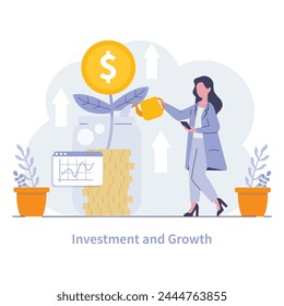 Investment and Growth concept. A strategic move towards nurturing new products, technologies, and market expansion. Fostering operational growth. Vector illustration.