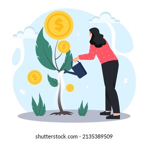 Investment growth concept. Young girl from watering can waters tree with coins. Financial literacy and passive income. Talented entrepreneur increases earnings. Cartoon flat vector illustration