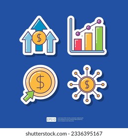 Investment Growth Dollar Rate Increase, Business Growing Chart, pay per click, Financial Network Money Distribution. SEO Search Engine Optimization and internet marketing advertising sticker icon set