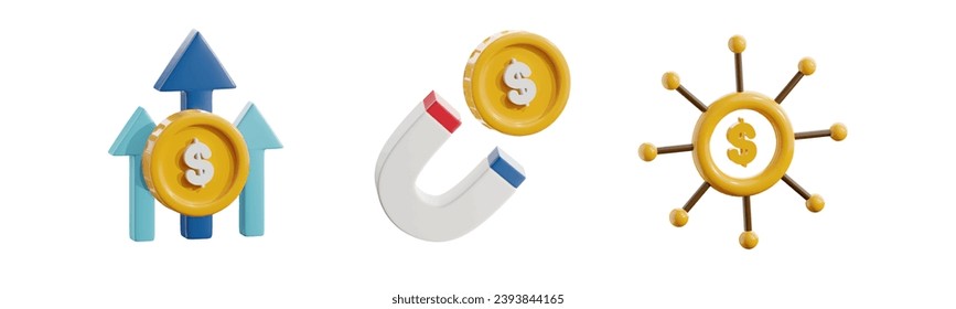 Investment Growth Dollar Rate Increase. salary or cost rise up. Magnet Attracting golden Coin money. Financial diversification fund distribution. 3D Icon illustration set Isolate on white background