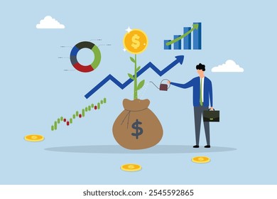 Crescimento do investimento, empreendedor alimentando o dinheiro com um crescente gráfico financeiro. 