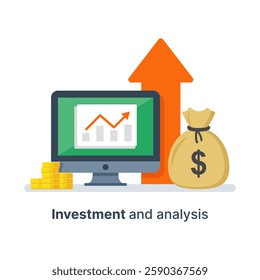 Investment growth, financial analysis, hedge fund, venture business, mutual fund, trust management, interest rate, capital growth, data review on desktop, stock market and exchange, accountancy icon