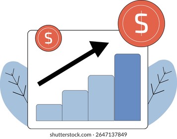 Investment Growth Flat Design With Chart, Coin and Upward Arrow, Featuring No Shadow or Text for Clean Financial or Business Illustrations