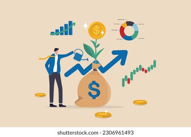 Investment growth, growing money to earn profit from savings, increase wealth from stock market or trading, mutual fund or assets concept, businessman watering grow money with rising financial chart.