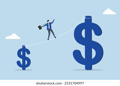 Investment growth high risk high reward,  Businessman, investor, acrobat transitions from small dollar to larger one while walking.