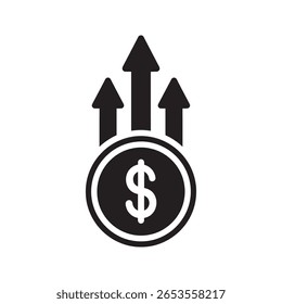 Investment growth icon with dollar coin and upward arrows symbolizing financial profit capital appreciation business success and stock market gain vector solid glyph icon
