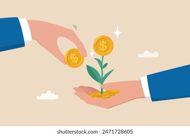 Investment growth, investing for financial independent or financial freedom, mutual fund or growth stock, saving or earning profit concept, businessman hand put money coin on growing money seedling.