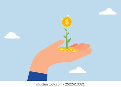 Investment growth, investor businessman is holding a flower plant with money in his hand from a stack of coins.