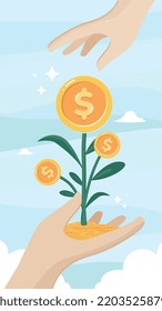 Investment, investment growth, money growth, savings, mutual funds, profit, increase wealth, growing investment, pile of coins, hand holding money plant, hand receiving money tree