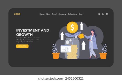 Investment and Growth night or dark mode web or landing page. A strategic move towards nurturing new products, technologies, and market expansion. Fostering operational growth. Vector illustration.