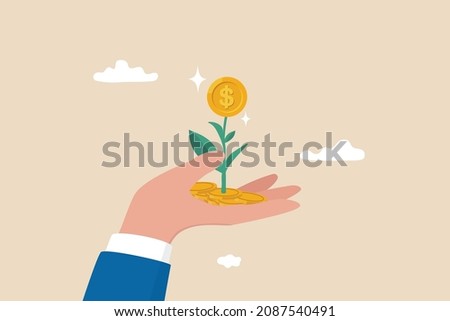 Investment growth, prosperity or earn more money from savings, mutual funds or opportunity to make profit and increase wealth, businessman investor hand holding money flower plant from pile of coins.