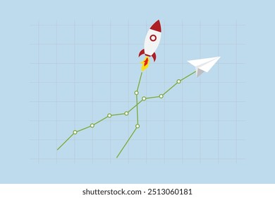 Investment growth sky rocket, Graph and chart showing investment with significant growth resembling a soaring airplane, exceeding the normal rate.