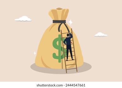 Investment growth, wealth management, passive income or harvest profit or dividend, earning money or prosperity concept, businessman climbs a large collection of money using a ladder.