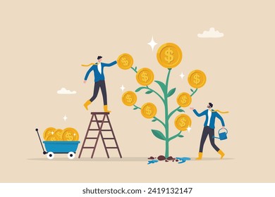 Investment growth, wealth management or savings to gain interest, passive income or harvest profit or dividend, earning money or prosperity concept, businessman help grow money and harvesting profit.