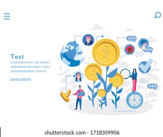 Investment, growth you business. Company is engaged in the joint construction and cultivation of money cash profits. Vector illustration for web banner, infographics, mobile. 
