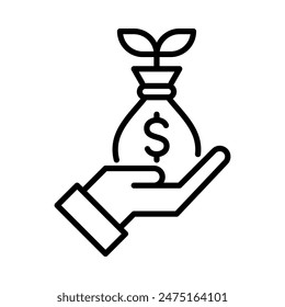 Investment. hand holding money bag with plant growth. Simple line icon. Isolate on white background. Vector.