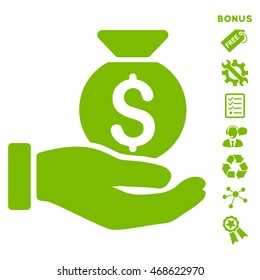 Investment Hand icon with bonus pictograms. Vector illustration style is flat iconic symbols, eco green color, white background, rounded angles.