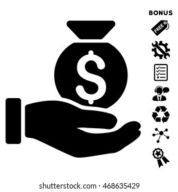 Investment Hand icon with bonus pictograms. Vector illustration style is flat iconic symbols, black color, white background, rounded angles.