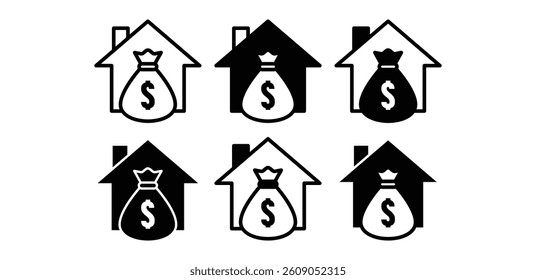 Investment House Icons Black and White House and Money Bag Illustrations Vector Design