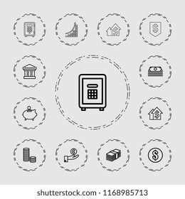 Investment icon. collection of 13 investment outline icons such as money, hand on coin, dolar growth, bank, coin, safe. editable investment icons for web and mobile.