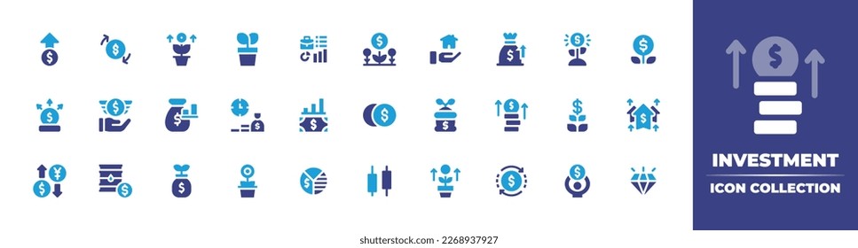 Colección de iconos de inversión. Color de duotona. Ilustración vectorial. Con beneficios, flujo de caja, planta, inversión, crecimiento, pasivo, ahorro, gráfico de barras, ingresos, tipo de cambio, petróleo, beneficios, carrito de tortas.