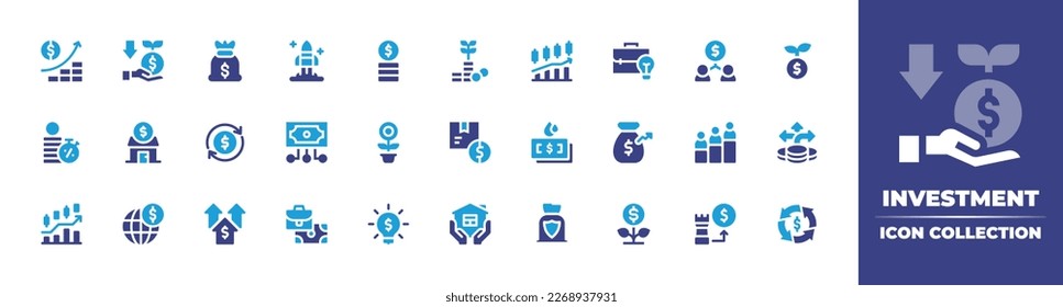 Investment icon collection. Duotone color. Vector illustration. Containing investment, bad investment, entrepeneur, salary, growth, trading, business idea, mutual, loan, home, money growth, brokerage.