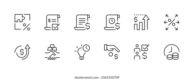 Investment icon collection. Revenue, deposit, risk management, savings, financial statement, profit, earnings and more. Editable stroke. Pixel Perfect. Grid base 32px.
