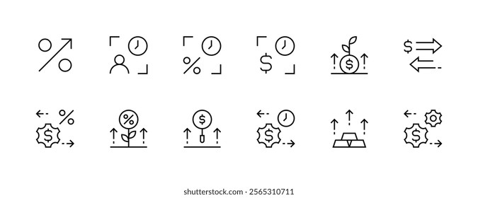 Investment icon collection. Revenue, deposit, risk management, savings, financial statement, profit, earnings and more. Editable stroke. Pixel Perfect. Grid base 32px.