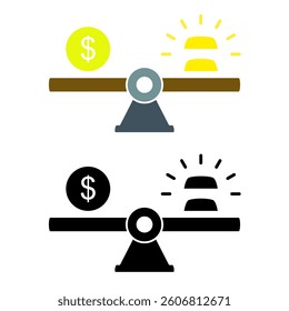 investment icon, gold and money scale icon. Money and gold balance. Weight with coins and gold bars, simple flat style, illustration, logo sign symbol pictogram template, for ui and ux, editable