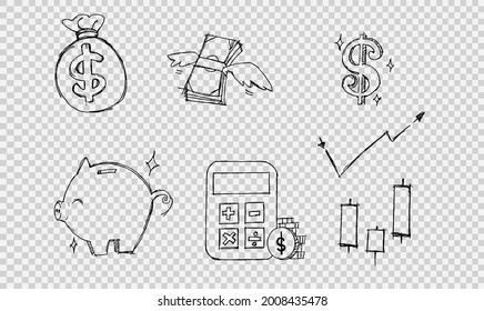 Investment Icon Hand Drawing Style, Pencil Stroke,money Bag,money Notes Flying,dollar Symbol,piggy Bank Calculator,cash,coin,candlestick,cryptocurrency Isolated On Png, Transparent  Background,vector