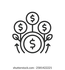 Investment, icon in line design. Investment, capital, stocks, bonds, portfolio, risk, growth on white background vector. Investment editable stroke icon