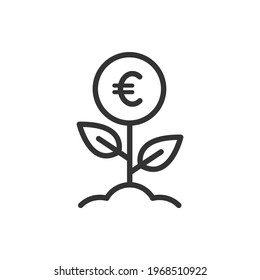 Investment icon line style. Money growth. Euro sign with plant symbol concept isolated on white background. Vector illustration