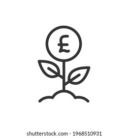 Investment Icon Line Style. Money Growth. Pound Sign With Plant Symbol Concept Isolated On White Background. Vector Illustration