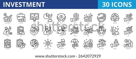 Investment icon pack collection set for business and financial planning. With stock market, portfolio, equity, saving, capital, growth, return, dividend, asset, wealth, risk, share, fund, investor