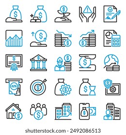 Investment icon set in 25 different shape for business, finance, and banking