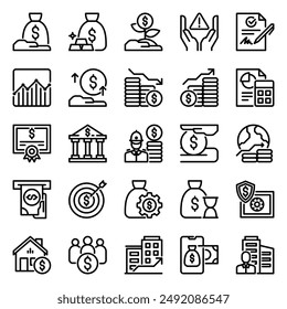 Investment icon set in 25 different shape for business, finance, and banking