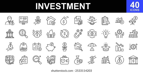 Investment icon set. Set of 40 line icons related to investment, investor, risk management, economy, financial gain, money, statistic, data analysis and more. Vector illustration