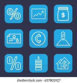 Investment icon. set of 9 outline investment icons such as coin, line graph, dollar, money sack, coin, dolar growth, check