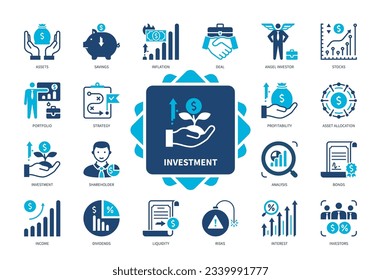 Investment icon set. Angel Investor, Stocks, Asset Allocation, Income, Dividends, Profitability, Portfolio. Duotone color solid icons