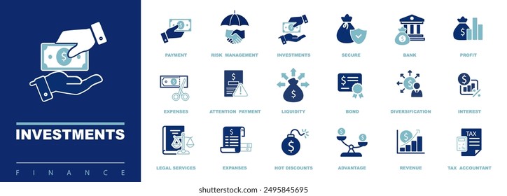 Investment icon set. Business icons, infographics. SEO, sign, business. Economy money, fund. Concept dollar, investor, assets, risk management, financial gain, interest and shares. Vector illustration