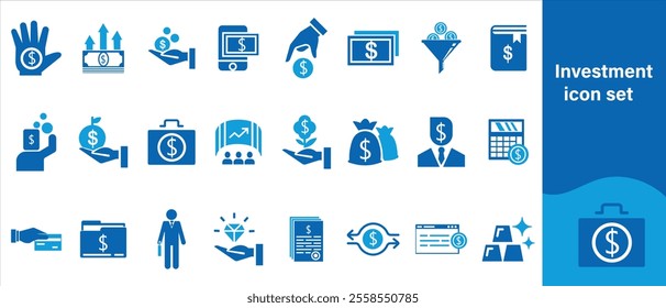 Investment icon set, businessman, check, web, design, management, bag, budget, market, euro, loan, isolated, pictogram, gold, paper, piggy, graphic, wealth, black, icon, money and more.