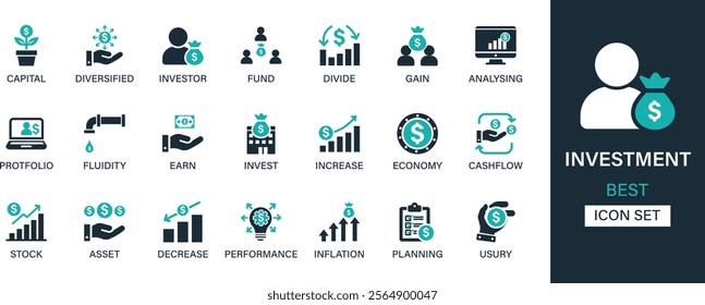 Investment icon set collection. Capital, diversified, investor, fund, divide, gain, analyzing, portfolio, fluidity, earn and best solid icon set.