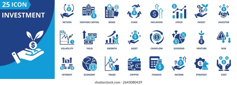 investment icon set collection in dual tone style. an icon pack contain invest, venture capital, inflation, stock, bond, fund, stock, return, yield, asset