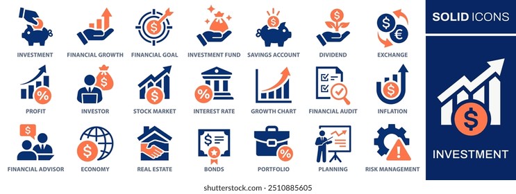 Conjunto de ícones de investimento. Coleta de economia, crescimento financeiro, lucro e muito mais. Ilustração vetorial. Muda facilmente para qualquer cor.