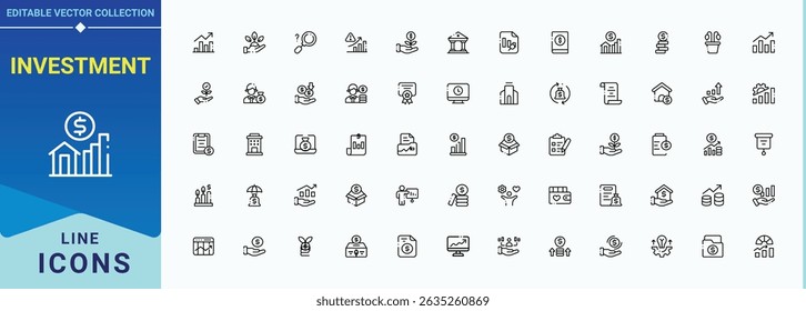 Investment icon set. Contain linear symbols invest, capital, profit, stock, income, financial and more. Invest icon set. Minimalist editable vector stroke. Editable vector. Pixel perfect.