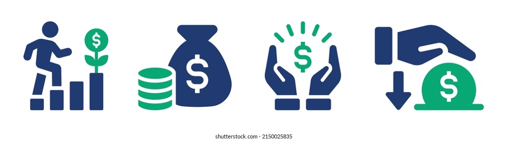 Investment icon set. Containing business growth, dollar money bag, saving and deposit icon design. Investment management vector illustration.