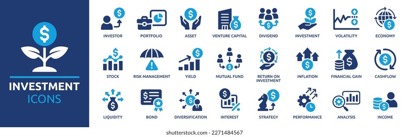 Investment icon set. Containing investor, mutual fund, asset, risk management, economy, financial gain, interest and stock icons. Solid icon collection. - Shutterstock ID 2271484567