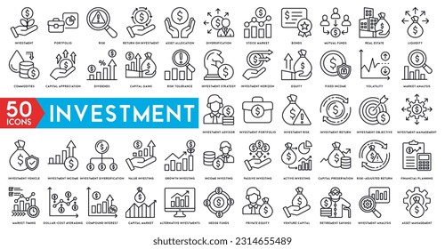 Investment icon set. Containing investor, mutual fund, asset, risk management, economy, financial gain, interest and stock icons