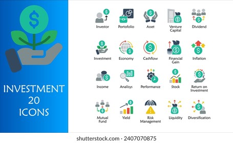 Investment icon set. Containing investor, mutual fund, asset, risk management, economy, financial gain, interest and stock icons. Color Fill icon collection.