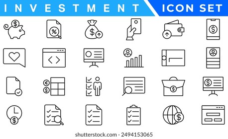 Investment icon set. Containing investor, mutual fund, asset, risk management, economy, financial gain, interest and stock icons
